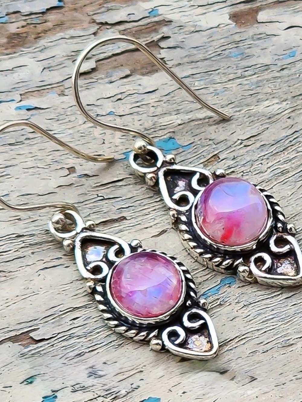 925 Sterling Silver Filigree Pink moonstone Drop Earrings